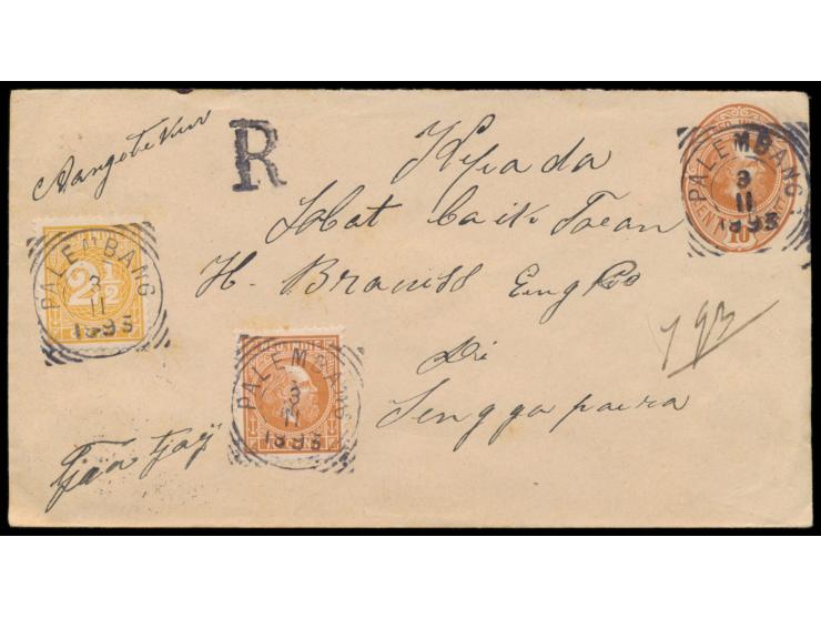 Niederländisch-Indien,  Ganzsachenumschlag 10 C. mit Zusatzfrankatur 2 1/2 C. und 10 C. als  Einschreiben  mit Vierkantstempe