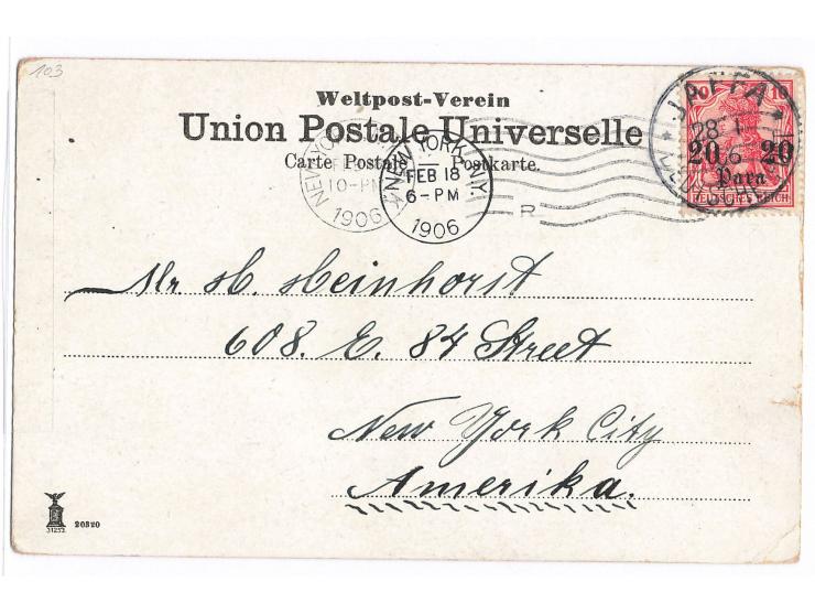 2ß Para auf Ansichtskarte aus Jerusalem nach New York, geschrieben in Jerusalem am 26.1.1906, Stempel  Jaffa  28.1.06, vorder