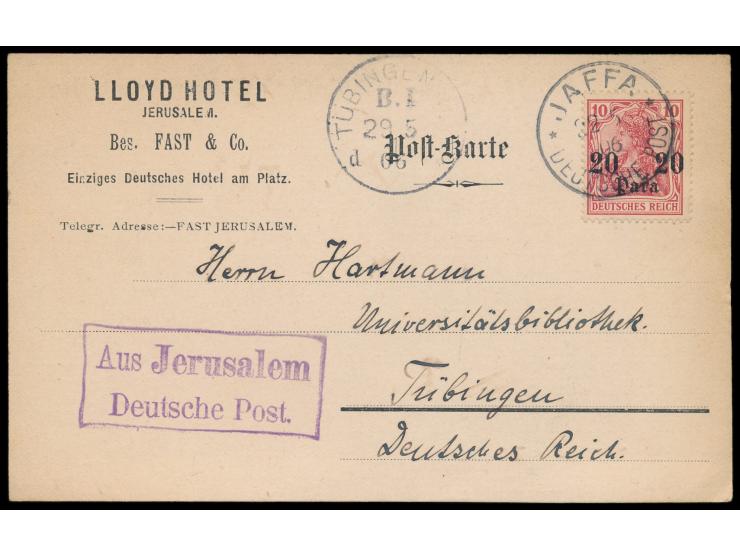 20 Para auf Postkarte mit vorderseitigem Absendereindruck  "Lloyd Hotel Jerusalem ..." , Stempel  Jaffa  22.5.06, blauviolett