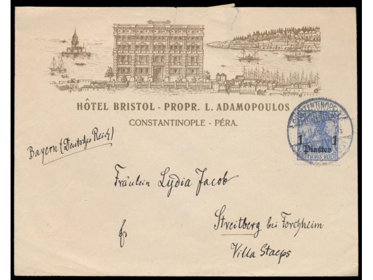 1 Pia. auf dekorativem  Bildumschlag "Hotel Bristol ... Constantinople-Péra",  Gitterstempel Constantinople 4.9.06, nach Deut