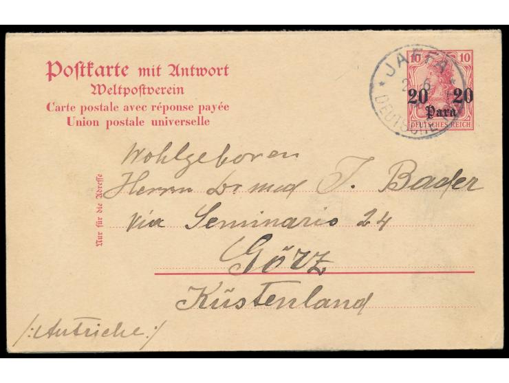 Ganzsachen-Doppelkarte 20 Para mit Stempel  Jaffa  2.6.08 nach Görz / Österreich, geschrieben in  Rishon le Zion,  langer Bed