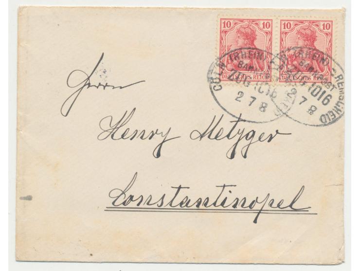 Ankunftstempel  Constantinopel a  ("2" aptiert) 6.7.08 rückseitig auf Brief aus Deutschland, Frankatur 2 x 10 Pf., Bahnpostst