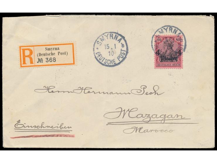 Einzelfrankatur 4 Pia. auf  Einschreibbrief  mit Stempel  Smyrna b  15.1.10  nach Mazagan / Marokko,  R-Zettel Einfeldt Nr. 6