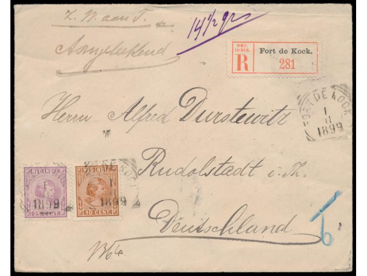 Niederländisch-Indien,  Prinzessin Wilhelmine 10 C. und 25 C. auf  Einschreibbrief  nach Deutschland, Vierkantstempel  Fort d