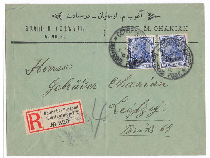 2 x 1 Pia. auf  Einschreibbrief  mit Stempel  Constantinopel 2  9.3.10 nach Leipzig, R-Zettel Einfeldt Nr. 7, vorderseitig de