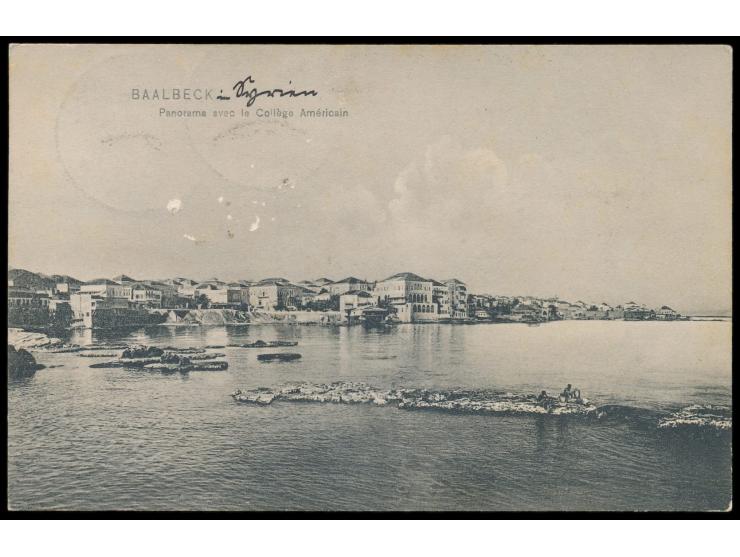 Stempel  MSP No. 14  5.4.10,  S.M.S. Loreley,  während der Mittelmeer-Reis 1910  in Beirut,  zwei Abschläge auf Ansichtskarte