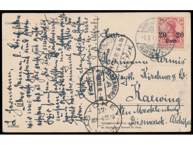20 Para auf Ansichtskarte mit Stempel Constantinopel 1 1.8.10 an Hermann Kirmis in  Kaewieng   / Deutsch-Neuguinea,  Durchgan
