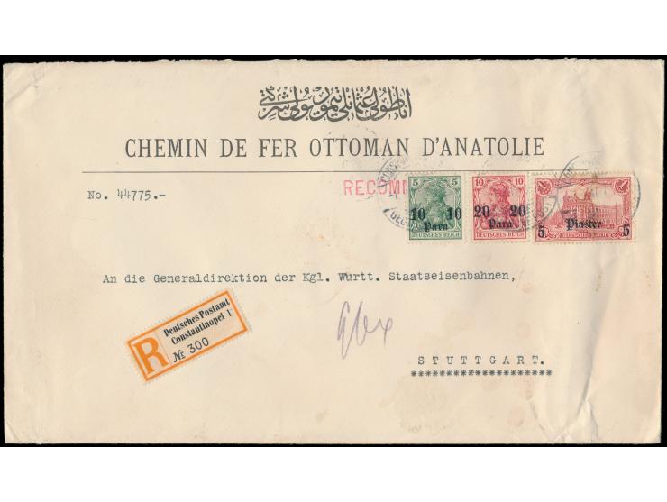 10 Pa., 20 Pa. und 5 Pia. auf  Einschreibbrief  6. Gewicht (101 bis 120 g) nach Stuttgart,  vorderseitig Absendereindruck  "C