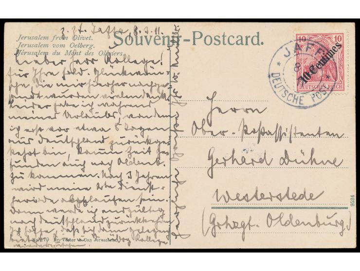 besser Zweikreisstempel  Jaffa  8.3.11 auf Ansichtskarte mit 10 Centimes nach Westerstede, langer Bedarfstext
Stichwort: Palä