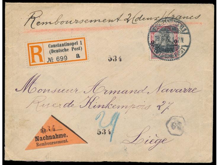Einzelfrankatur 2 Pia. auf  Nachnahme-Einschreibbrief  mit Gitterstempel  Constantinopel 1  18.6.12 nach Belgien, dreieckiger