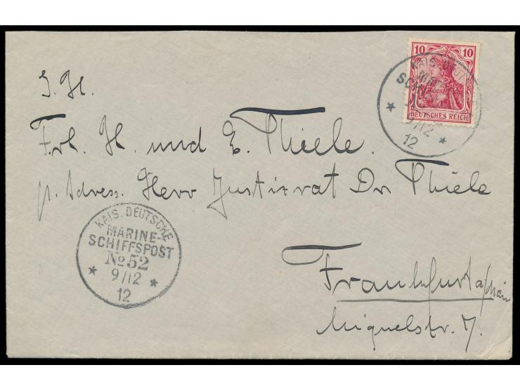 Stempel  MSP No. 52  9.12.12,  S.M.S. Vineta,  letzter Tag des Aufenthalts in  Konstantinopel,  zwei Abschläge auf Brief mit 