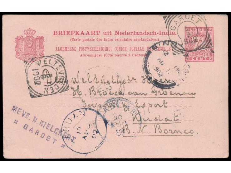 Niederländisch-Indien,  Ganzsache 7 1/2 C. mit Vierkantstempel  Gardet  5.8.1902 (im Wertstempel "durchgeschlagen",  nach Kud