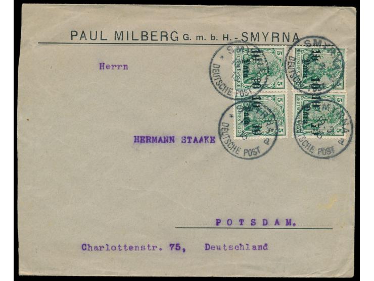 4 x 10 Pa. mit  Firmenlochung "P.M."  (2 verschiedene Stellungen) auf Brief mit vorderseitigem Absendereindruck "Paul Milberg