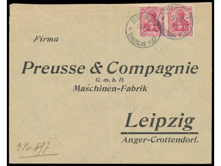 waagerechtes Paar 10 Pf. Germania als  "Mitläufer"  auf Rückumschlag nach Leipzig, 2 x Stempel  Beirut **  15.3.14, rückseiti