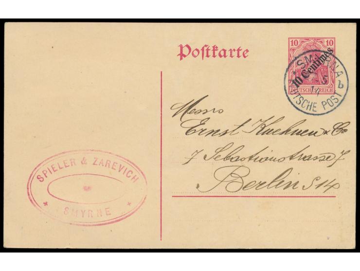 Ganzsache 10 Centimes mit  seltenem  Wasserzeichen "I",  Stempel  Smyrna b  27.5.14, nach Berlin, Bedarf, MiPr. 1000 
