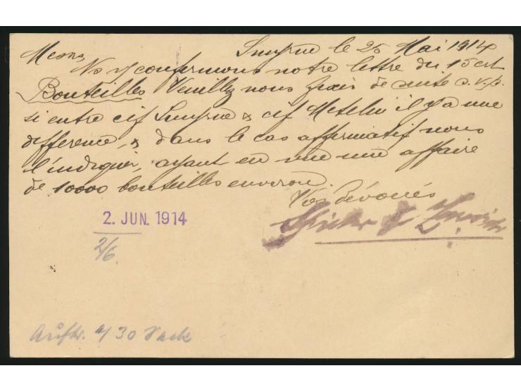 Ganzsache 10 Centimes mit  seltenem  Wasserzeichen "I",  Stempel  Smyrna b  27.5.14, nach Berlin, Bedarf, MiPr. 1000 
