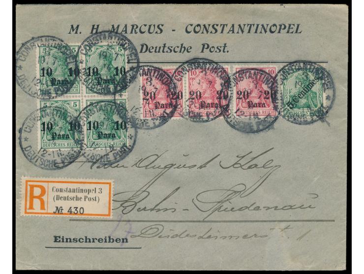 Viererblock 10 Para und 3 x 20 Para mit 5 C. (als 10 Para) auf  Einschreibbrief  2. Gewicht nach Berlin, Stempel  Constantino