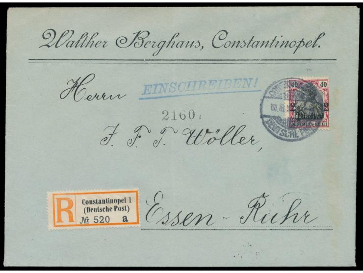 Einzelfrankatur 2 Pia. auf  Einschreibbrief  mit Gitterstempel  Constantinopel 1  11.8.14 (etwas verwackelt) nach Essen, R-Ze