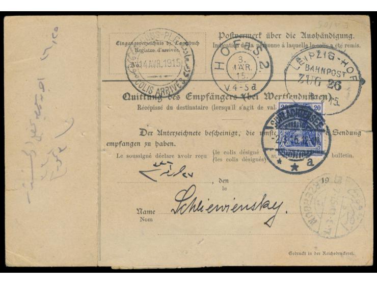 Georgische Legion,  Paketkarte für ein Paket aus Schlachtensee bei Berlin an "Kraftfahrer Herbert Schiewiensky in Konstantino