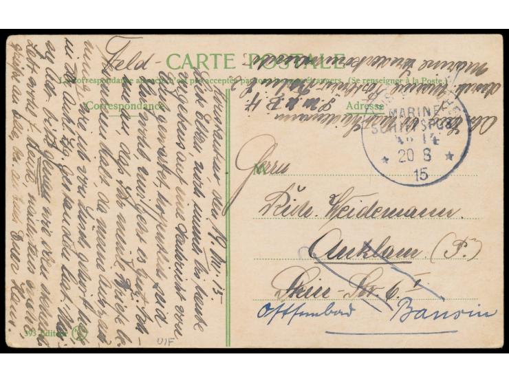 Stempel  MSP No. 14  20.8.15,  Dampfer General,  Feldpostkarte mit handschriftlicher Absenderangabe "Ob. Matr. Weidemann,  S.