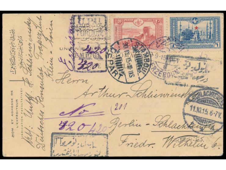 Georgische Legion, &nbsp;20 Pa. und 1 Pia. auf &nbsp;Einschreiben-Postkarte &nbsp;mit Stempel &nbsp;Erzeroum &nbsp;19.9.15 na