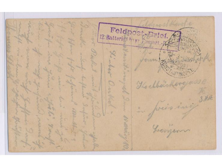 Stempel Feldpost &nbsp;Mil.Miss. Konstantinopel &nbsp;11.3.1916 und seltener violetter R2 &nbsp;&quot;Feldpost-Brief. / 12. B