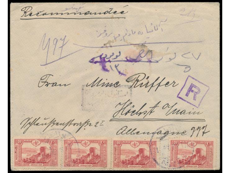 Einschreibbrief &nbsp;über die türkische Landespost nach Deutschland, Frankatur 4 x 20 Para, Stempel &nbsp;Bozanti &nbsp;1916