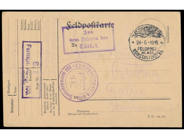 Stempel Feldpost Mil. Miss. Konstantinopel 24.6.1916 und  R3  "Aus dem Innern der Türkei."  auf Feldpost-Vordruckkarte   nach