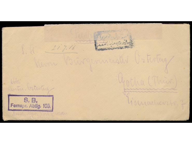 Feldpostbrief mit kompletten Inhalt, geschrieben  in Damaskus  am 21.7.1916, nach Gotha, vorderseitig Briefstempel S. B. / Fe