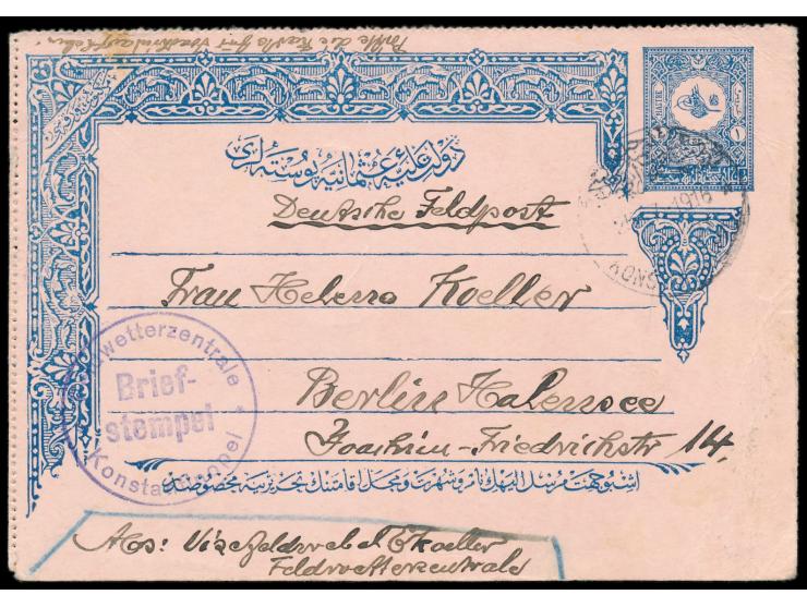 Stempel Feldpost Mil. Miss.  Konstantinopel  25.7.1916 und seltener Briefstempel  Feldwetterzentrale Konstantinopel  auf türk
