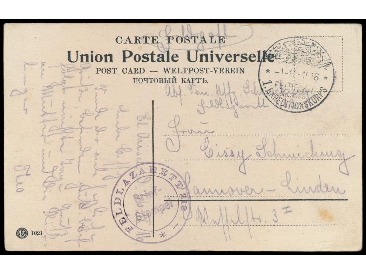 Stempel Feldpost Mil. Miss.  1. Expeditionskorps  1.10.16 (spätes Datum, nur bis 2.10.1916 verwendet) und Briefstempel "Feldl