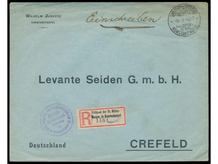 Stempel Feldpost  Mil. Miss. Konstantinopel  8.3.1917 auf  Einschreibbrief  nach Deutschland, R-Zettel "... in Konstantinopel