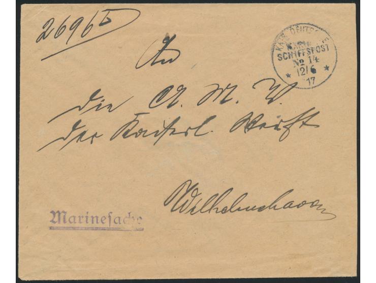 Stempel  MSP No. 14  12.6.17, Dampfer General, gewendeter Briefumschlag (dreiseitig offen) als Marinesache nach Wilhelmshaven