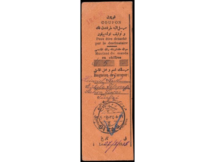 Einlieferungsabschnitt einer türkischen Postanweisung auf 5 M., handschriftlich Absender "Heinrich Barthmann,  Deutsche Teleg