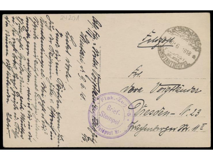 Stempel Feldpost  Mil. Miss. Konstantinopel  10.6.1918 und seltener Briefstempel  Flak.-Zug 96 / Deutsche Feldpost Nr. ...  (