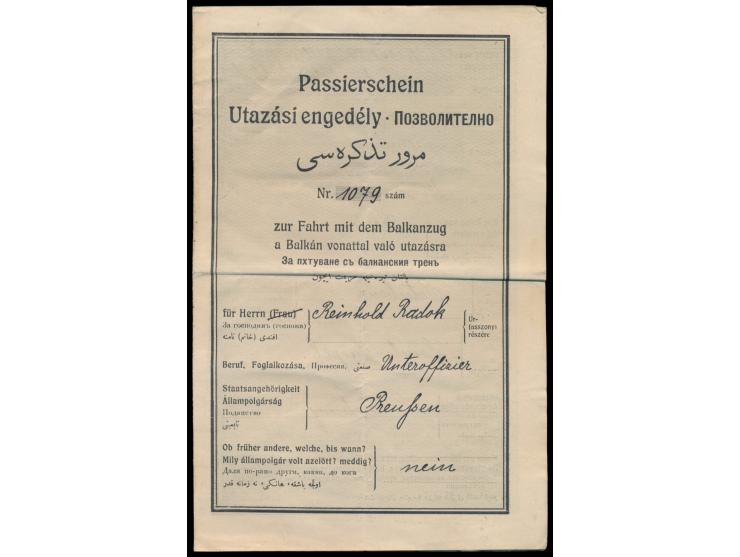 Passierschein zur Fahrt mit dem Balkanzug  (viersprachig) von Dresden über Tetschen nach Konstantinopel, ausgestellt vom Köni
