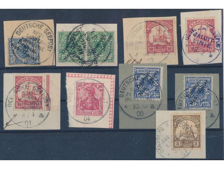 Südsee-Seepost, &nbsp;9 &nbsp;&nbsp;Briefstücke mit Seepost-Stempel: 2 x Neu-Guinea-Zweiglinie b auf DNG, 2 x Neu-Guinea-Zwei