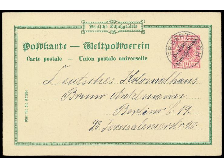 Privatganzsache  10 Pf. "Gruss aus Neu-Guinea" mit Bild Friedrich Wilhelms-Hafen / Erima-Hafen (Deutsches Kolonialhaus), Frec