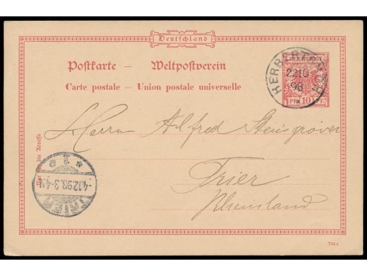 Vorläufer-Ganzsache  10 Pf. mit Stempel  Herbertshöh  22.10.98 nach Trier, Ankunftstempel 4.12.98, Absender ist der Missionar