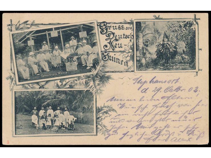 Ansichtskarte "Gruss aus Deutsch Neu-Guinea" mit drei Bildern (u.a. "Hannoversche Weisse"), Frankatur 5 Pf., Stempel  Stephan