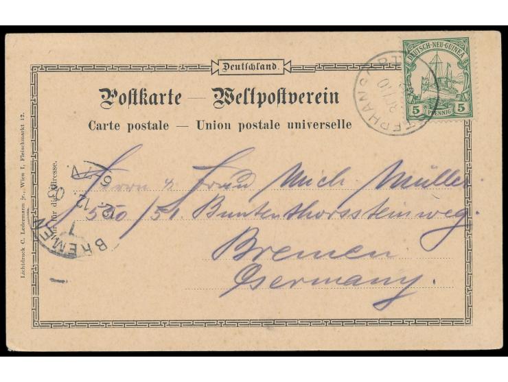 Ansichtskarte "Gruss aus Deutsch Neu-Guinea" mit drei Bildern (u.a. "Hannoversche Weisse"), Frankatur 5 Pf., Stempel  Stephan