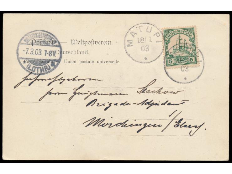 Ansichtskarte  Matupi - Hernsheim &amp; Co.  (Geschäftshaus), Frankatur 5 Pf., 2 x Stempel  Matupi  18.1.03, nach Mörchingen,