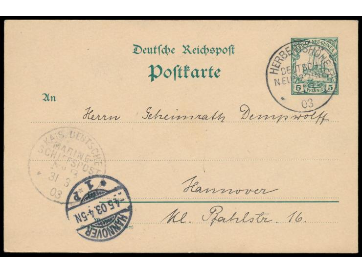 Ganzsache 5 Pf. mit Stempel  Herbertshöhe  21.3.03, Durchgangsstempel  Kais. Deutsche   Marine-Schiffspost No. 8  31.3.03 (S.