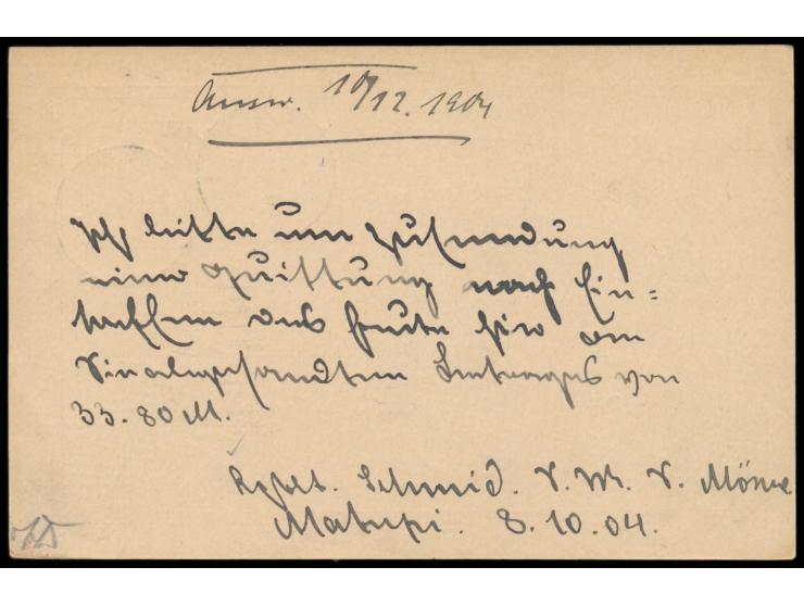 Ganzsache 10 Pf. mit Stempel  Matupi  10.10.04 nach Hongkong, Durchgangsstempel Singapore 28.10.1904 und Seepost-Durchgangste