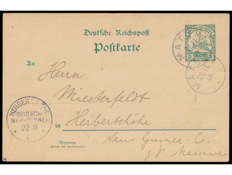 Ganzsache 5 Pf. mit Stempel  Matupi  22.11.04 nach Herbertshöhe, Ankunftstempel 22.11.04, geschrieben an Bord  S.M.S. Möwe,  