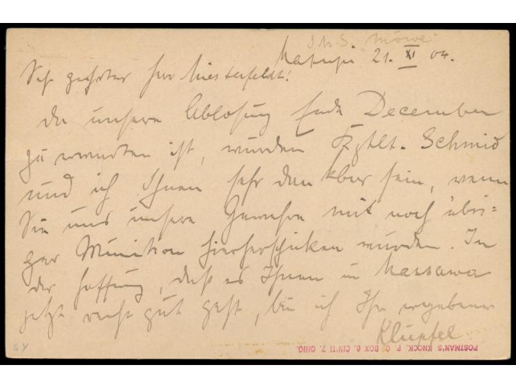 Ganzsache 5 Pf. mit Stempel  Matupi  22.11.04 nach Herbertshöhe, Ankunftstempel 22.11.04, geschrieben an Bord  S.M.S. Möwe,  