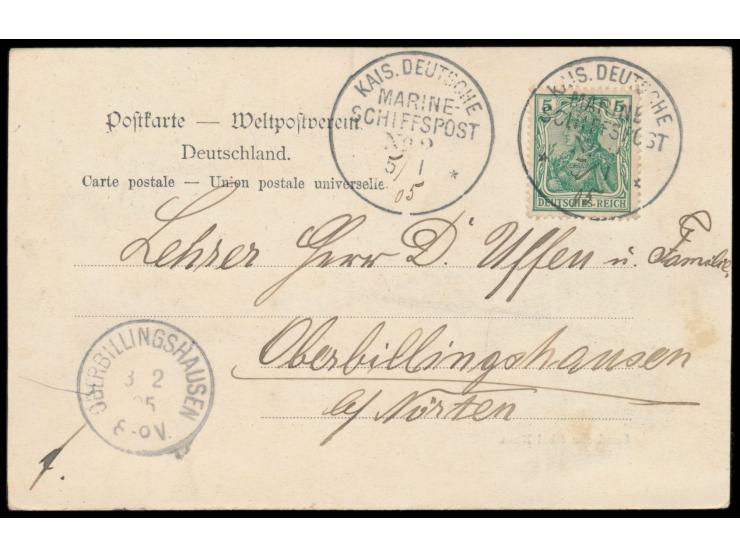 2 x Stempel  MSP No. 2  5.1.05 (Tag und Jahr handschriftlich!),  Ablösungstransport S.M.S. Möwe  auf NDL-Dampfer Prinz Sigism
