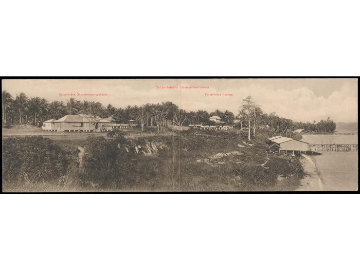 zweiteilige Klapp-Ansichtskarte von Herbertshöhe mit Gouvernementsgebäude und Kaiserl. Postamt, Frankatur 10 Pf., Stempel Her