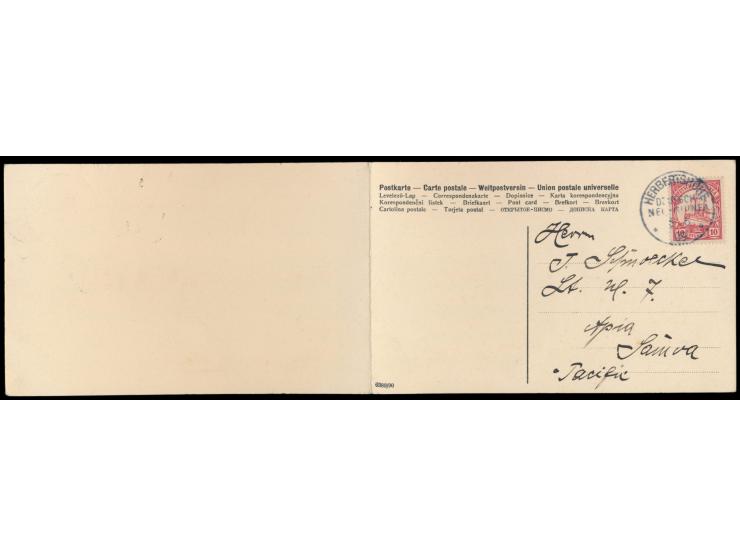 zweiteilige Klapp-Ansichtskarte von Herbertshöhe mit Gouvernementsgebäude und Kaiserl. Postamt, Frankatur 10 Pf., Stempel Her