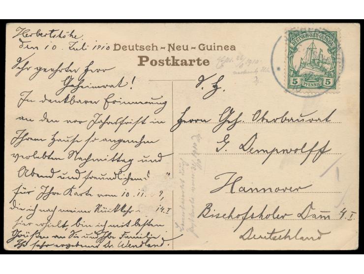 Ansichtskarte  Erste Schienenbahn in Deutsch-Neu-Guinea,  Frankatur 5 Pf., Stempel  Herbertshöhe  11.7.10, nach Hannover, Abs